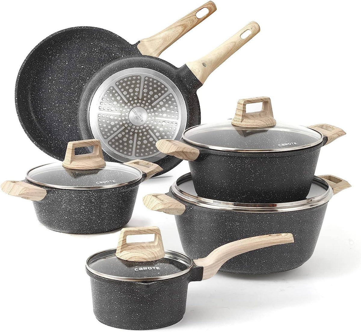 Carote Nonstick Kitchen Cookware Set, 10 Pcs Pots and Pans Set Nonstick Cookware