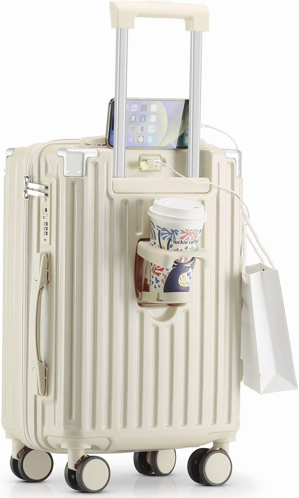 20 in Carry on Luggage with Cup Holder & USB Port, Airline Approved TSA Locked Luggage, Lightweight PC Material Travel Suitcase