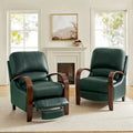 Set of 2 Alex Mid Century Modern Genuine Leather Manual Recliners with Curved Wooden Arms